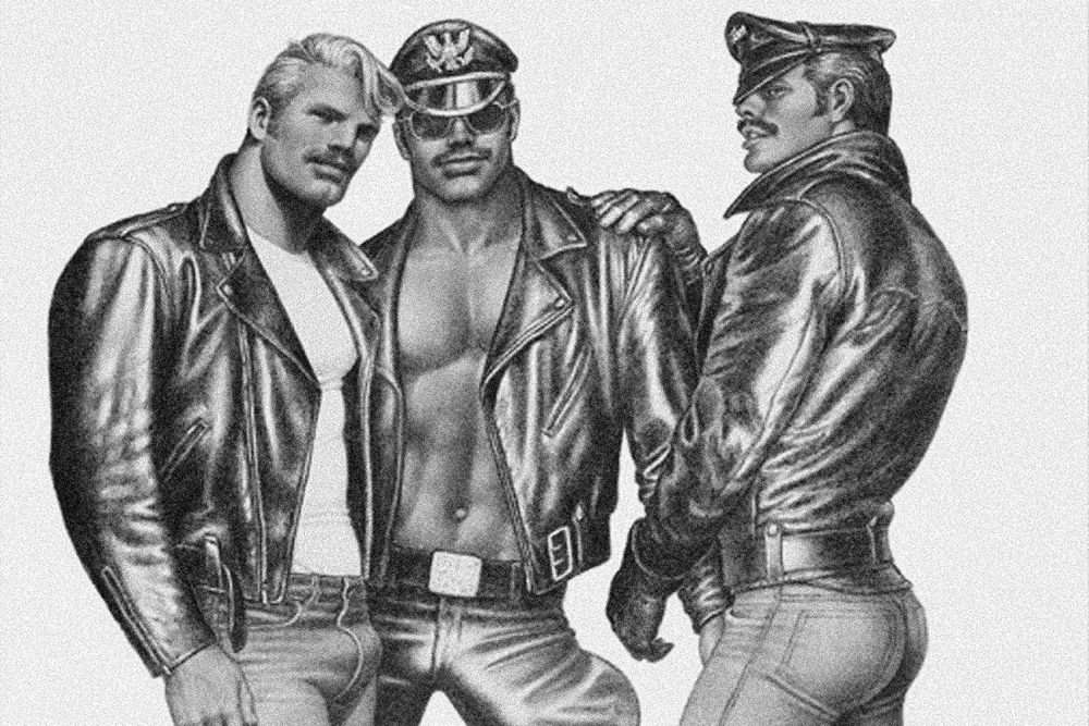 A Tom of Finland drawing of three buff sexy men in tight pants and leather jackets