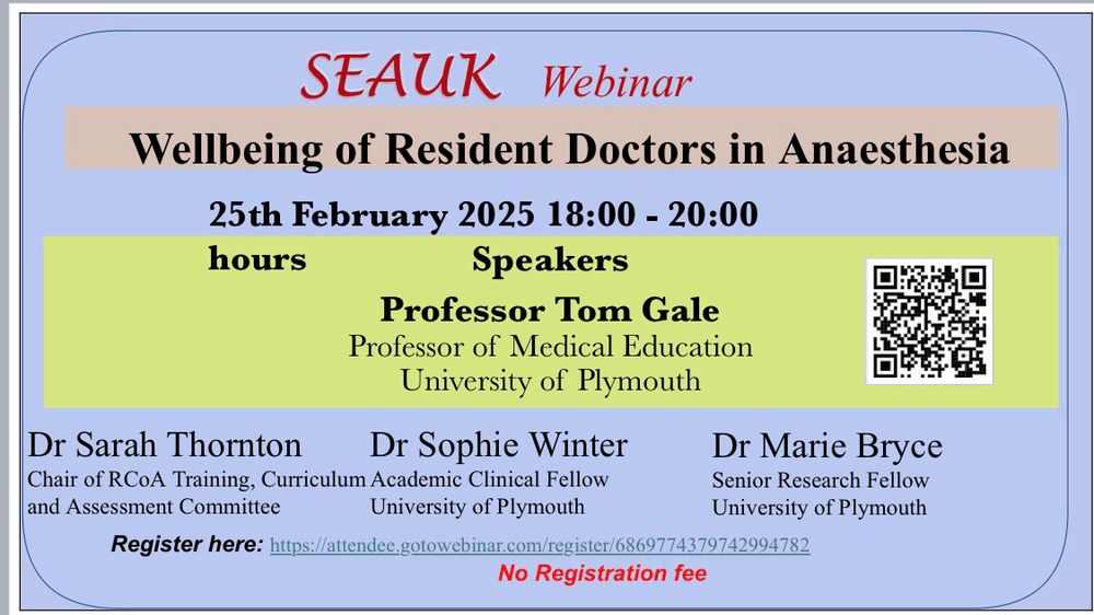SEAUK free webinar 25th Feb 6-8pm. Speakers: Prof Tom Gale (Prof Med Ed, Uni Plymouth), Dr Sarah Thornton (chair RCOA training, curriculum and assessment committee), Dr Sophie Winter (academic clinical fellow, Uni Plymouth) and Dr Marie Bryce (senior research fellow, Uni Plymouth). Register here: https://attendee.gotowebinar.com/register/6869774379742994782