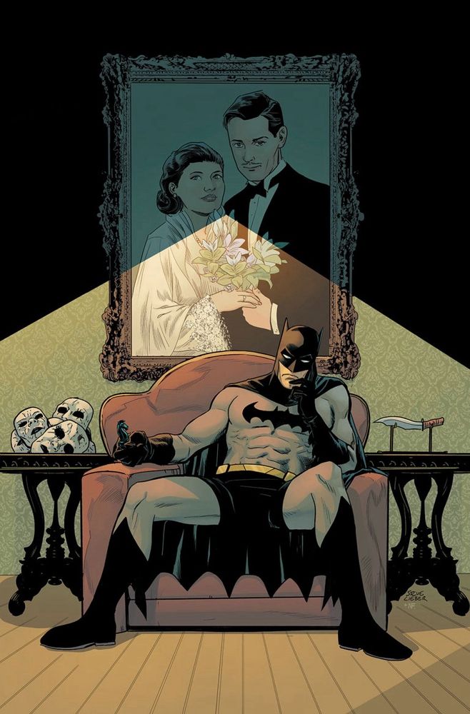 Color comic book cover of Batman brooding in a chair inside Wayne Manor. He is batspreading