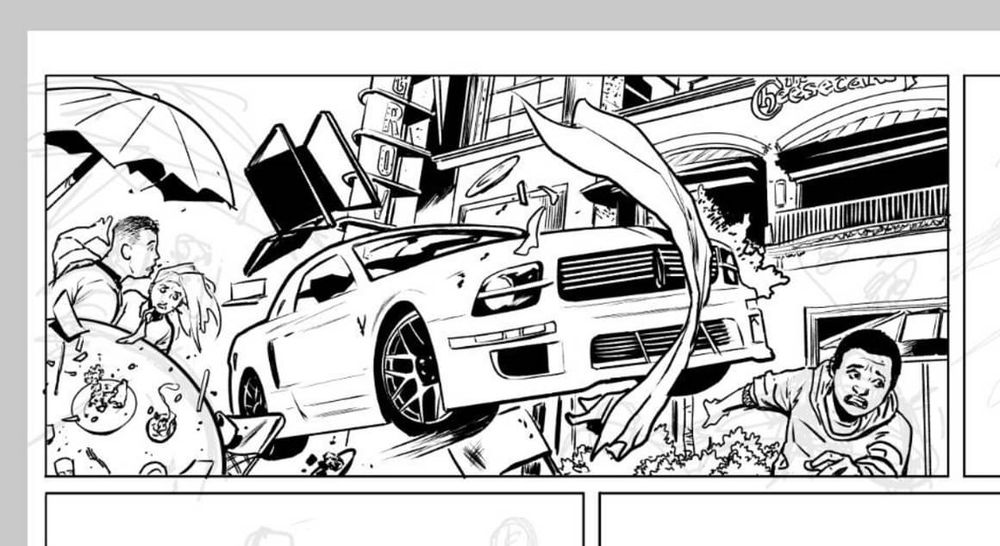 Comic book panel of a car, four feet off the ground, smashing through tables at an al fresco dining area in an outdoor mall.