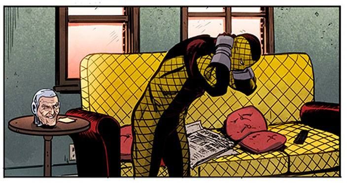 Panel from Superior Foes of Spider-man, drawn by me, color by Rachelle Rosenberg. Shocker is having a tough conversation with the severed head of Silvio Silvermane. It's in his shitty Brooklyn apartment, in front of a couch upholstered with the same yellow and brown fabric as his shocker costume.