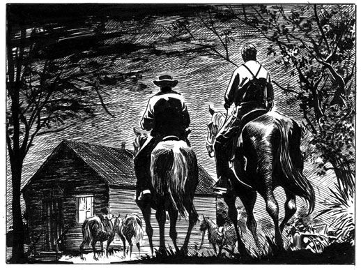 Pen and ink drawing of two men on horseback at night, seen from behind, approaching a cabin. Heavily crosshatched. Line art from the graphic novel On the Road to Perdition.