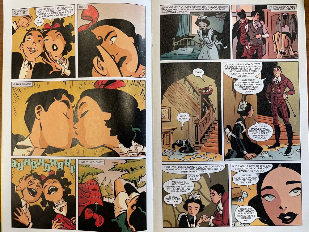 Two page spread from love everlasting #2. Gorgeous, simple cartooning. Well chosen camera angles, appealingly stylized proportions, bold black shapes anchoring minimalist forms, with just enough line and detail to keep each picture lively.