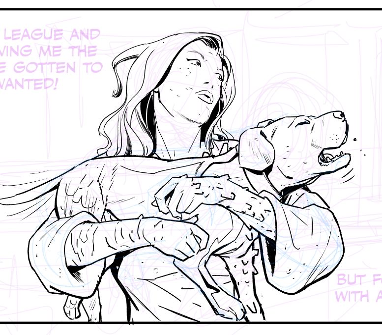 Line art in progress. Emily Sung aka Element Woman in civilian clothes, holding Muttamorpho who is barking, but is still a good boy.