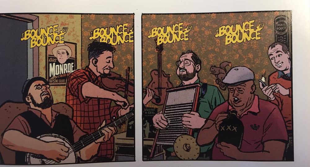 Two comic book panels of a bluegrass band-banjo, fiddle, washboard, and jug. They're playing the "Bounce Bounce" part of the song.