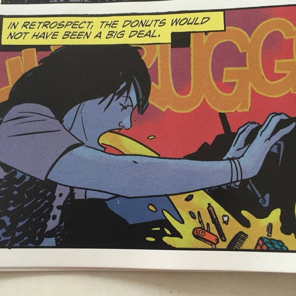 Comic book panel of young woman barfing in the passenger seat of a car. She’s yakking up a comb, a pen, a swiss army knife, a solved rubik’s cube, and some human teeth, so apparently it’s been quite a night.
