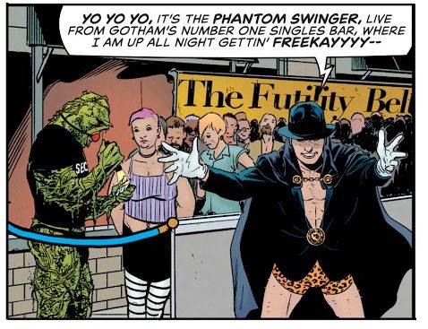 superman’s pal jimmy olsen is the phantom swinger, wearing a dark suit, cloak, fedora and leopard print booty shorts. Behind him, swamp thong is acting as bouncer outside a club called the futility belt. I won several awards for drawing this.