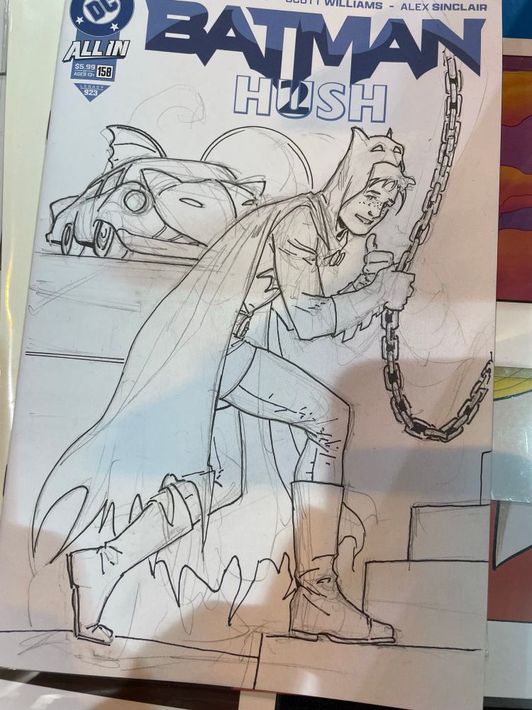 Sletch on a blank variant Batman cover. Jimmy Olsen wearing an ill-fitting Party City batsuit, sneaking around in the Batcave. Drawn by Steve Lieber, who knows better than to yank Batman’s chain.