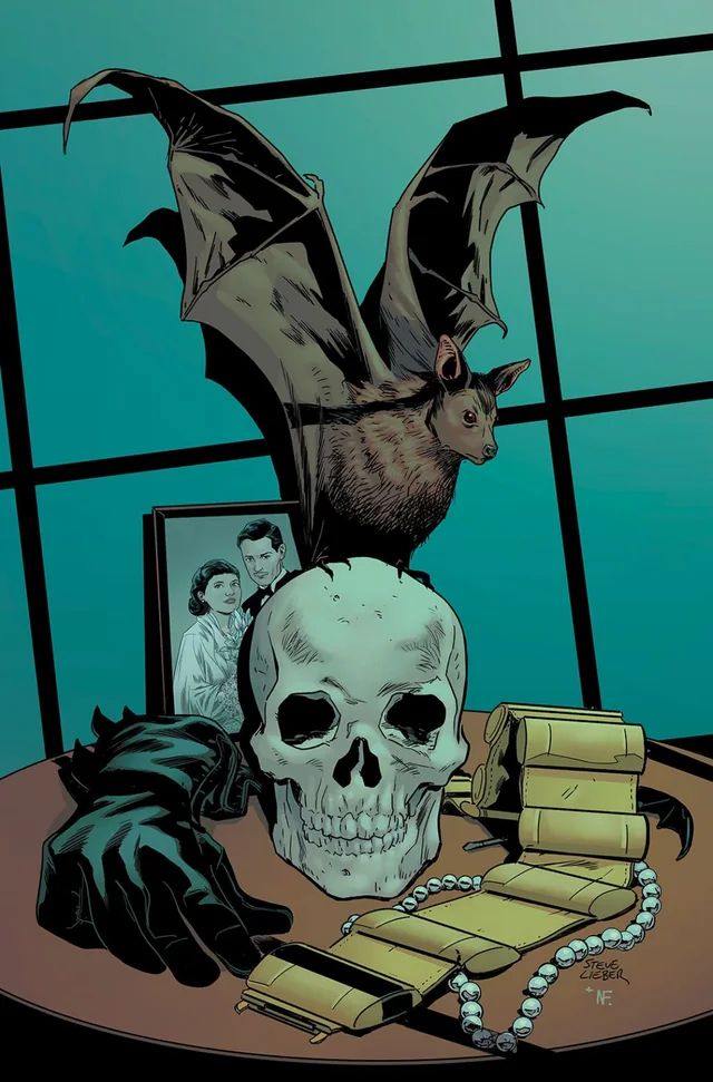 Comic book cover- still life of various Batman-related items.