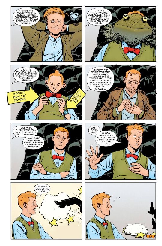 Page from Superman's Pal Jimmy Olsen. Written by Matt Fraction, drawn by Ron Wayne "Honky Tonk Man" Farris, colored by Nathan Fairbairn, and  lettered by Clayton Cowles. Published by DC Comics.