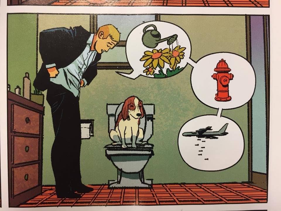 Panel from my old comic book "The Fix" A man is trying to explain to a  beagle what toilets are for. Color by Ryan Hill.
