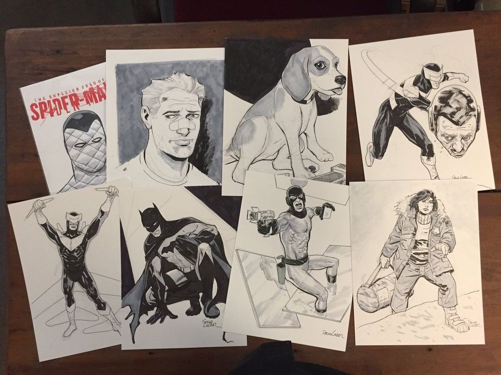 collage of commissioned sketches, including Shocker, Clint Barton, Boomerang, Pretzels the Drug Beagle and more.