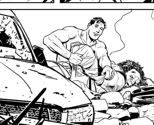 Superman wrapping up a monster guy after a fight, giving a tired squinty smile to the camera