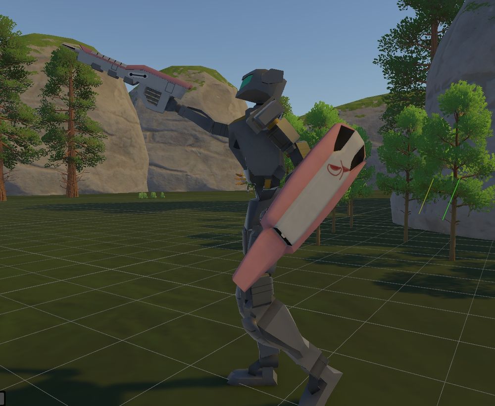 3D model inside the Unity3D engine of a mech's endoskeleton holding a beam rifle and shield with an eye logo on it in a forest.