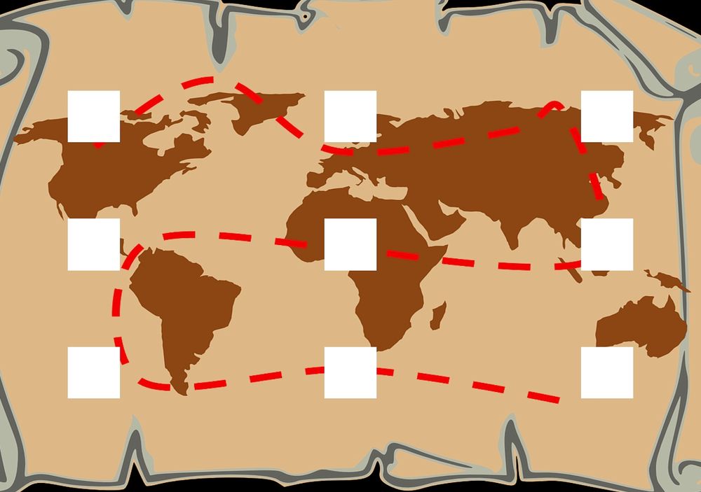 A pirate map with a grid of 9 white squares.