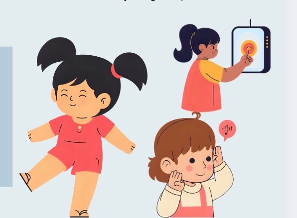 Three graphics of children doing various tasks: balancing on one leg with eyes closed, reaching for a target on a screen, and listening to music.