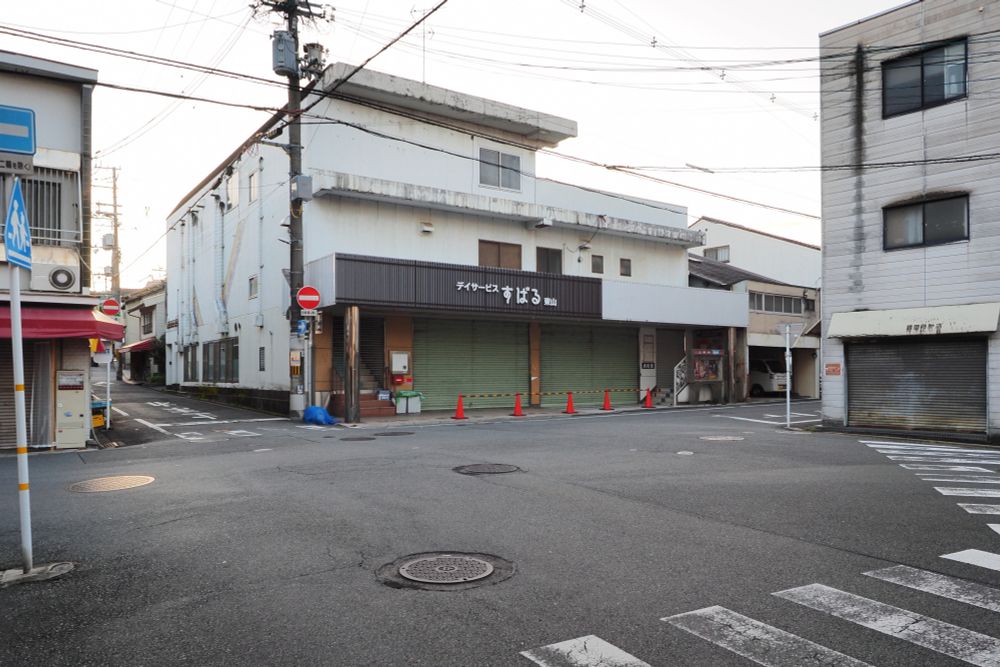 映画館の建物の外観。
白いコンクリート造りの三階建で、一階には「デイサービスすばる東山」の看板がでている。
間口の大部分は緑色のシャッターが閉め切られていてその前には赤いコーンが置かれてふさがれており、右端の小さな階段が映画館入口になっている。