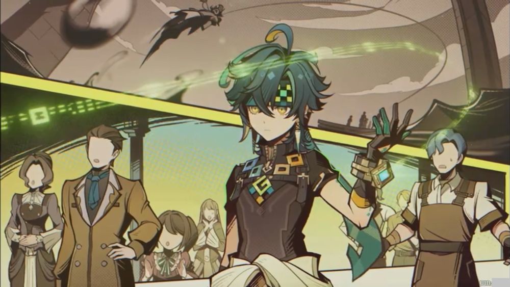 ゲーム内のスクリーンショット2。アメコミ風の絵柄のスチルイラスト。キィニチがキラキラと緑色に光る紐のようなものを操るスキルを使い、悪人を捕縛しようとしている。周囲には背広やドレスや飲食店エプロンの姿のフォンテーヌの人たちがいて、その光景を見ている。