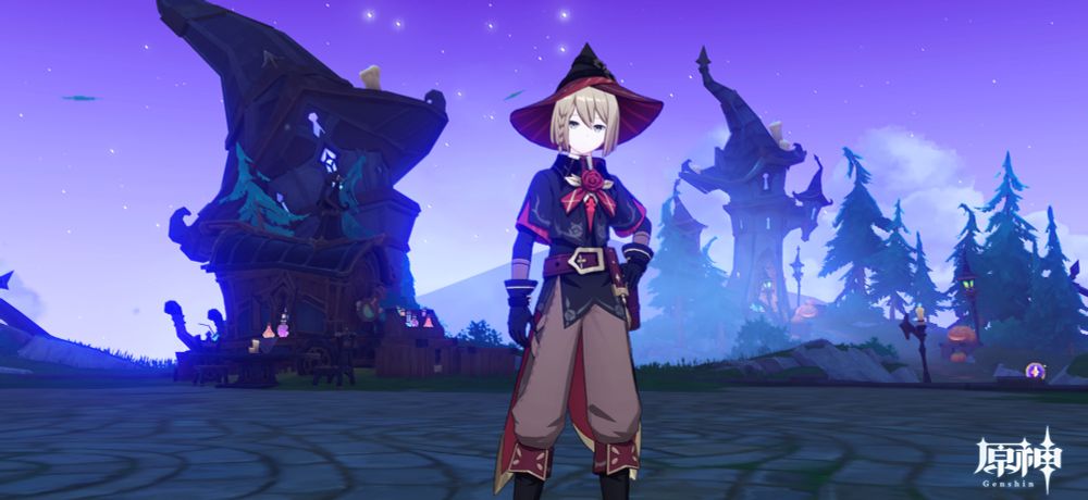 原神のゲーム画面のスクリーンショットである。
金髪ショートヘアの少年キャラが腰に片手を当てて立っている。服は赤色と黒色が基本となったデザインで、魔法使いっぽい三角帽子をかぶっている。胸元には赤い薔薇の花の胸飾りがついている。手には黒い大きな手袋をしている。