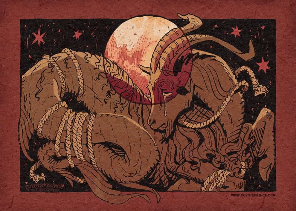 A red toned illustration of a capricorn- a goat with a fish tail- bound inside a black rectangle box with rope. The goat sheds a tear, looking broken and tired, as an image of the planet Pluto intersects the goats head. 