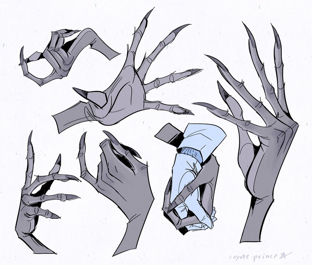 Drawings of elongated, gaunt hands.