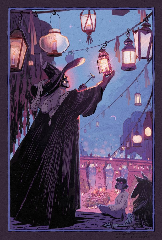 An illustration of Death, AKA The Sandman of Lydia Collins's Widderwood story. He stands in focus, back to viewer, covered by a black cape and large feathered hat. He holds a hanging punched tin lantern steady as he readys to snuff it. Below, a young fairy and black shuck look up at him carefully. In the background, countless glowing lanterns of all types.
