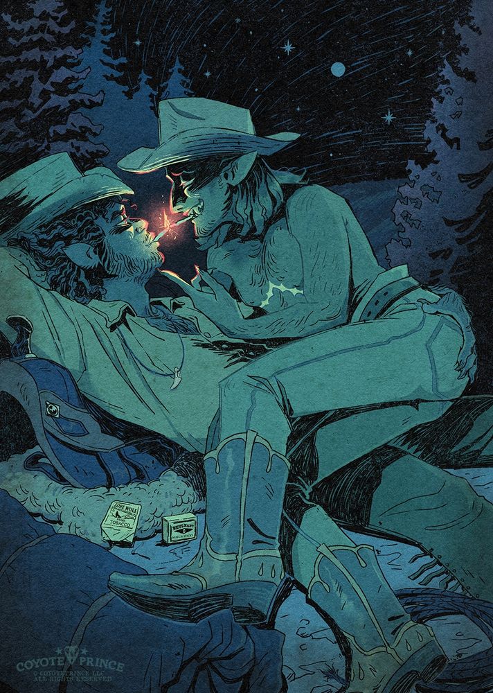 Illustration of two paranormal cowboys laying suggestively together. A blue and teal hue, the shirtless vampire sits in the lap of the werewolf, who grabs the vampire's butt. They share a look, touching cigarettes together.