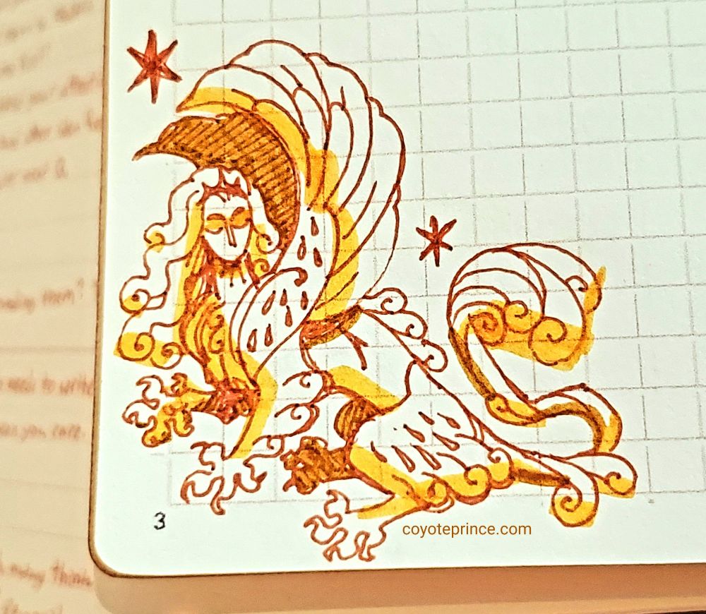 Photo of the marginalia doodle in the corner of a notebook page. In orange and yellow colors it depicts a winged sphinx, flanked by two Starburst. She is sitting on her back legs, wings outstretched above, her eyes closed.