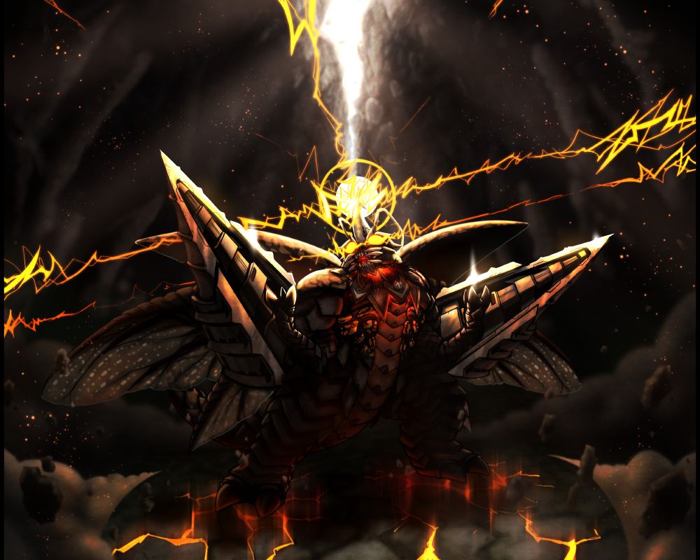 A digital drawing of a fan design for Megalon from Godzilla. He is in a dramatic battle-ready pose in a deep cave, there is electricity flowing out of his horn.