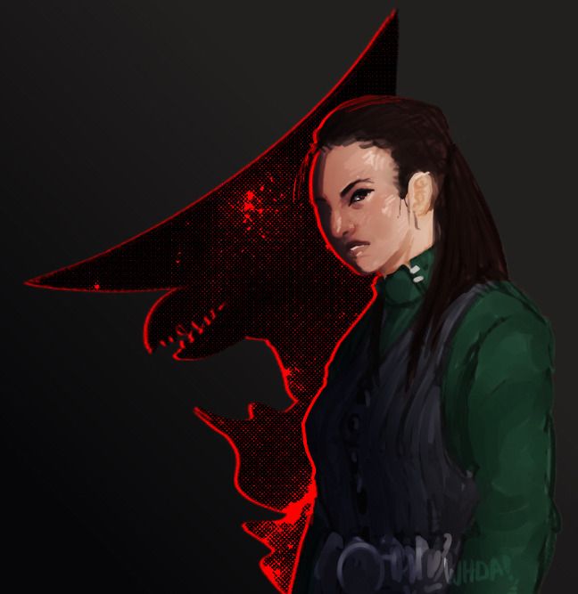 A digital drawing of Chikako Sugawara from Gamera vs. Zigra. She is shown from the waist up and is turning to face the viewer, her expression is neutral. She is wearing a green long-sleeve coat with a grey striped vest. Behind her is Zigra's silhouette in a red and black screen tone.