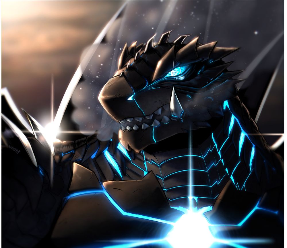 Digital drawing of a fan design [cyclogenesis] of Gamera. Gamera is shown from the shoulders up, her head is turned to the side and there is smoke coming out of her mouth. Her body is covered in dark grey metallic plates with neon blue plasma running between them.