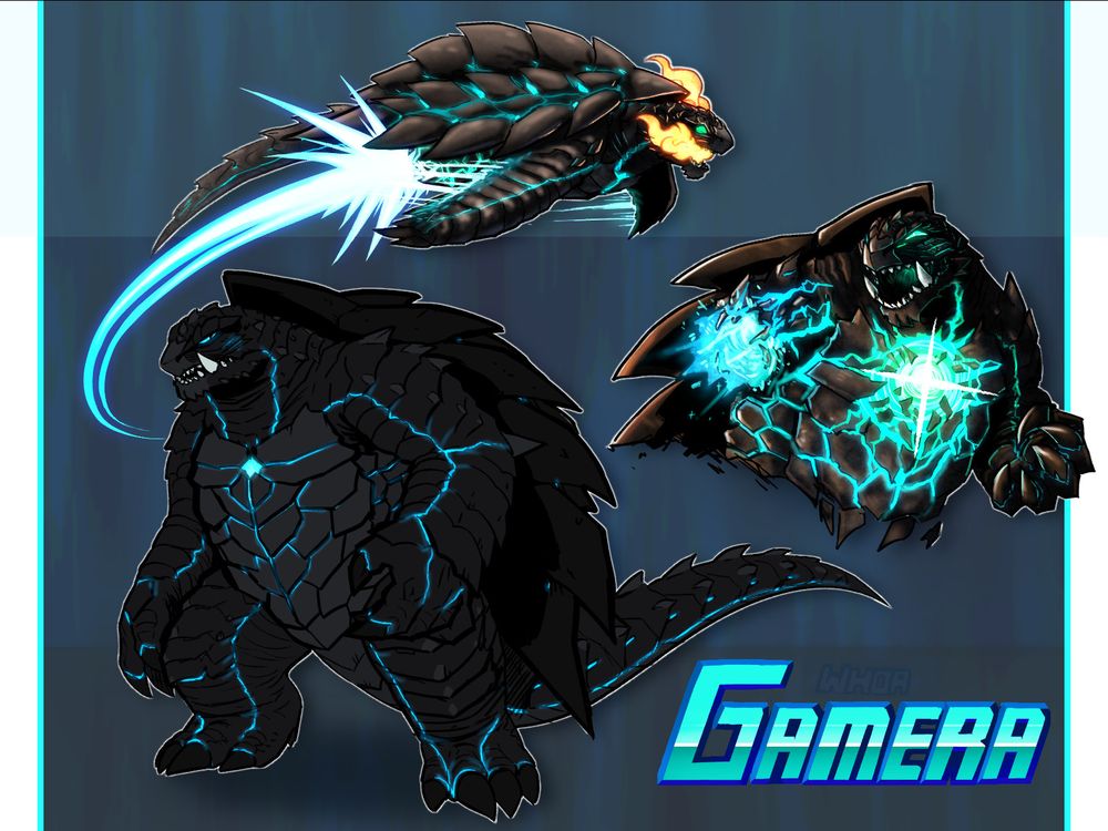Three digital drawings of a fan design for Gamera. Gamera is portrayed as a bulky turtle with dark grey scales and a black shell. There are glowing blue lines running throughout her body. The main drawing is of Gamera standing at a 3/4 view. A second drawing shows her in flight with her mouth emitting smoke. The last drawing is a half-body where she's missing an arm, the blue glow is brighter with the damage. 