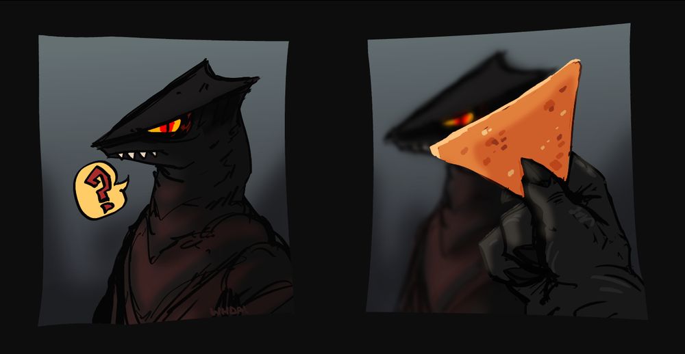 A two panel digital coloured sketch of Gyaos from Gamera. The 1st panel is of Gyaos looking at the viewer with an annoyed expression. He is shown from the shoulders up and there is a speech bubble with a question mark beside him. The 2nd panel has Gyaos blurred out of focus as Gamera's hand is shown reaching towards him and holding a Dorito.  The Dorito is being held over Gyaos' head to mimic it's triangular shape.