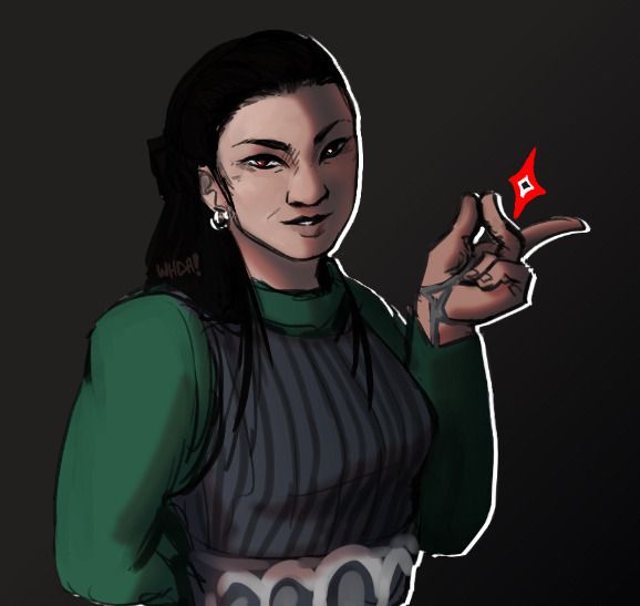 A digital drawing of Chikako Sugawara from Gamera vs. Zigra. She is shown from the waist up and is snapping her fingers while smirking at the viewer. She is wearing a green long-sleeve coat with a grey striped vest. Her eyes have a faint red tint.