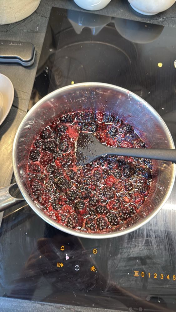 Blackberries cooking in a pot on my stove, to become jam. 