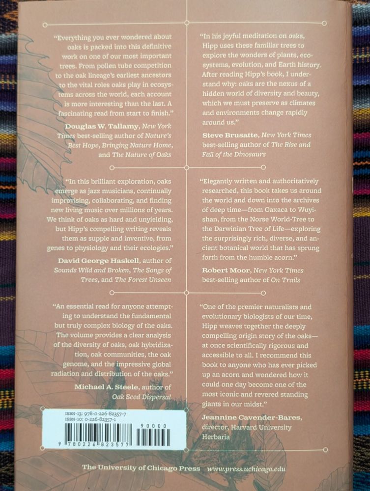 The back cover of Oak Origins, with reviews from Douglas Tallamy, Steve Brusatte, David George Haskell, Robert Moor, Michael Steele, and Jeannine Cavender-Bares.