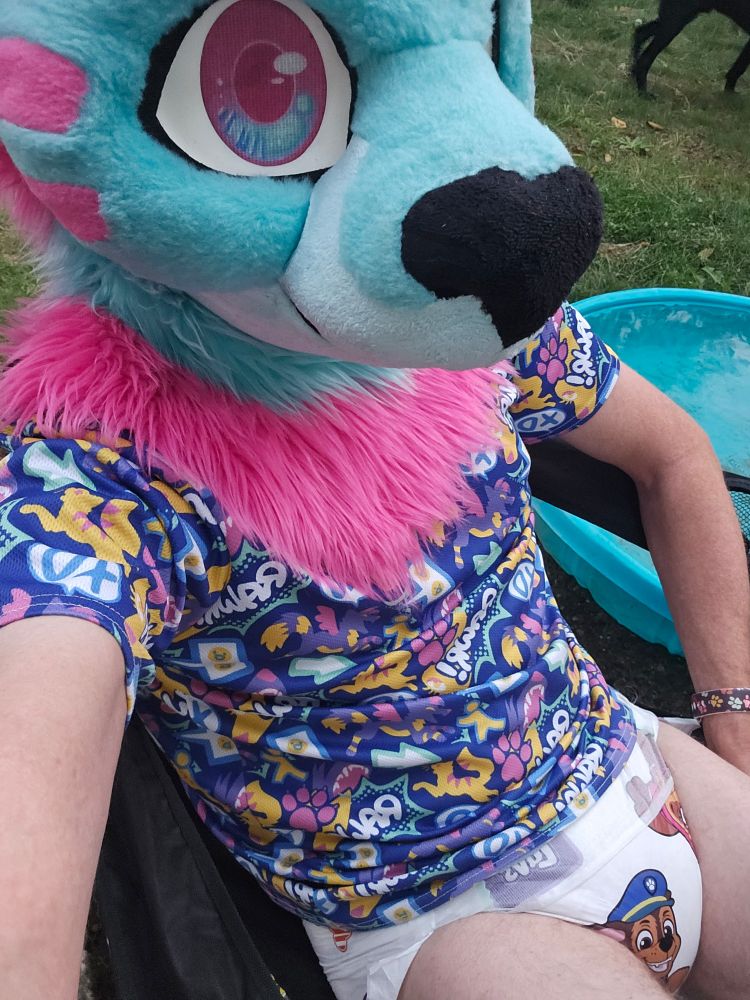 A diapered fursuiter sitting outside in a yard in their pink and blue furred fursuit head. a t-shirt and a paw patrol diaper, clearly wet. They're sitting next to a small yard pool full of water