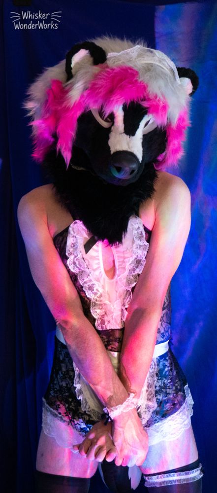A partial skunk fursuit, with two white lines coming up her nose and forehead coming from the white blotch at her nose. Long, full and fluff silver hair with pink highlights adorn her head. She is wearing a black maid's outfit, a very skimpy, see through one, with little adornments throughout on her wrists, head, neck and leg. She is wearing black leggings too.

In this photo she has her arms crossed in front of her at her waist as if she's hiding something on her behind the arms. She's also looking a little shy.