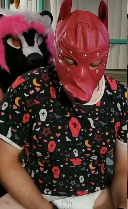 Someone in a gimp-puphood and a diaper being all squirmy and entranced by a skunk fursuiter with pink and silver hair and hypno eyes. The fursuiter is looking over the tranced pup's shoulder.