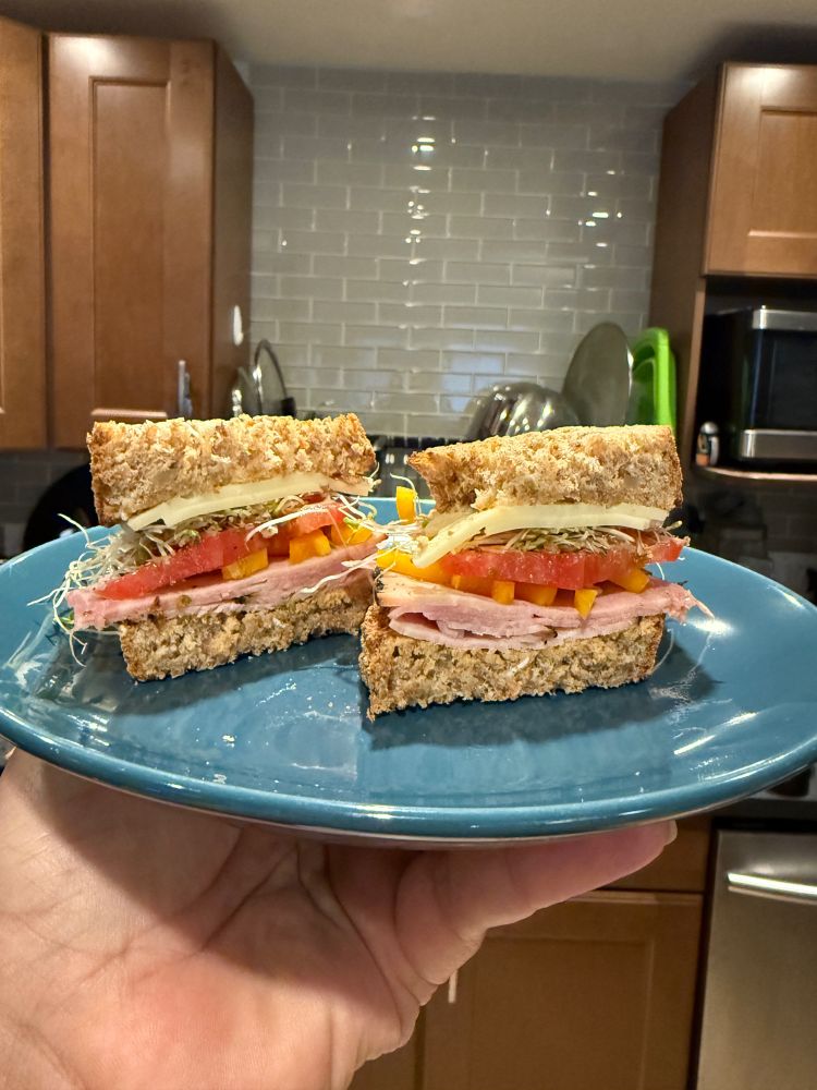 A blue plate holding my sandwich with whole grain bread, Black Forest ham, swiss cheese, tomatoes, sweet yellow peppers, sprouts, spruce tip mustard, kewpie mayo 
