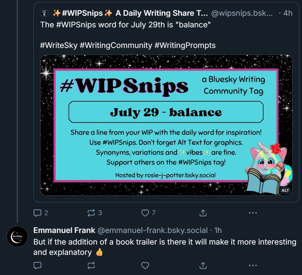 this is a screenshot of @emmanuel-frank.bsky.social bot-replying to everyone with a writing thing about book trailers, ugh