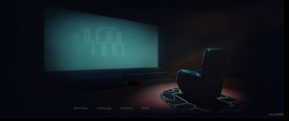 The title screen for Dead Take. A dark screening room with one leather reclining chair and a large screen in aqua with the title, "Dead Take" written on it.