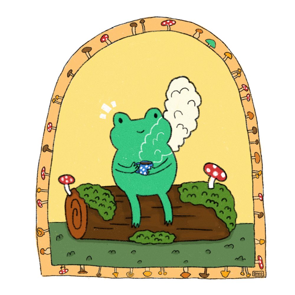 digital art of a frog sitting on a log drinking tea. hes smiling. theres mushrooms and moss on the log