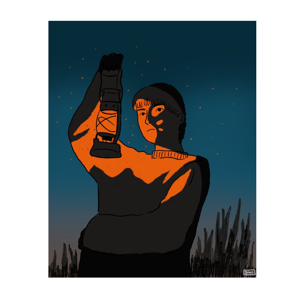 digital art of a girl with bangs holding up a light outside in the dark, throwing orange light on her face and chest