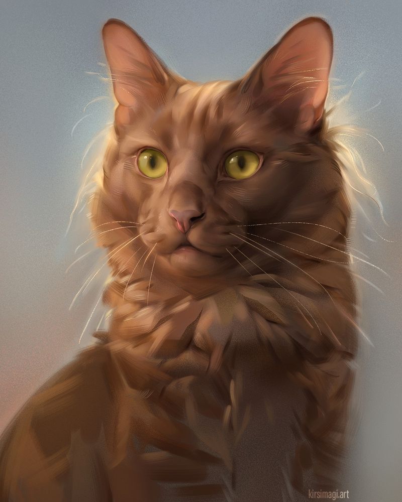 digitally painted pet portrait of a chocolate colored cat with green eyes