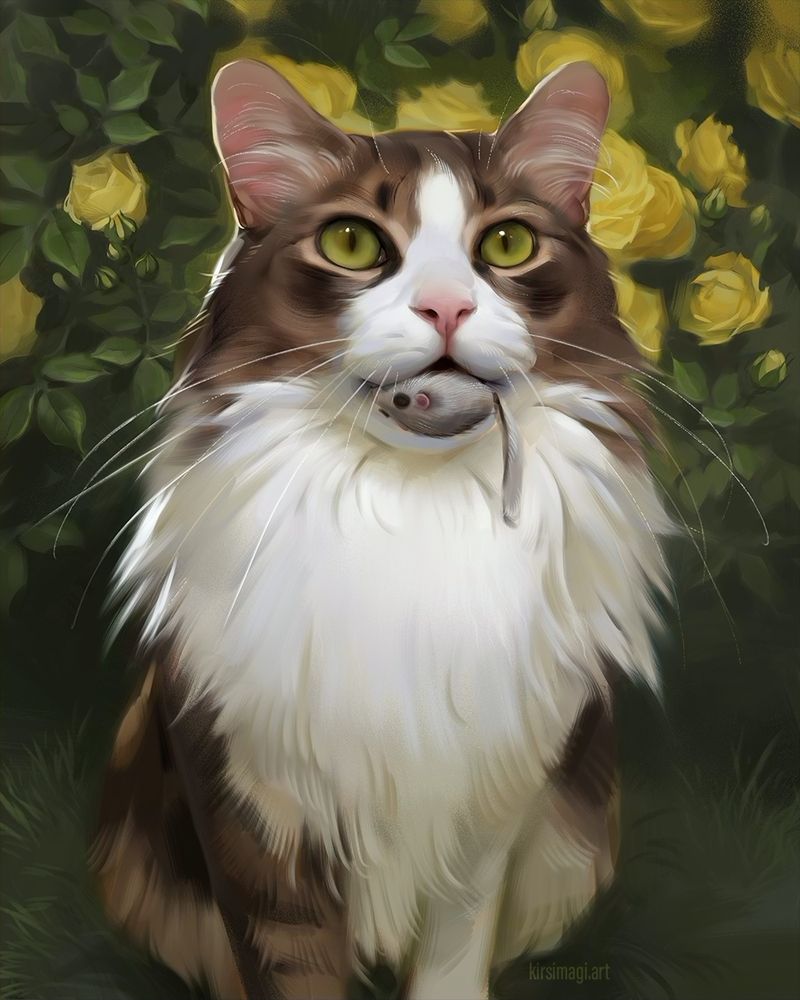 digitally painted pet portrait of a fluffy long-haired tabby cat holding a toy mouse in its mouth, sitting in front of a yellow rose bush.