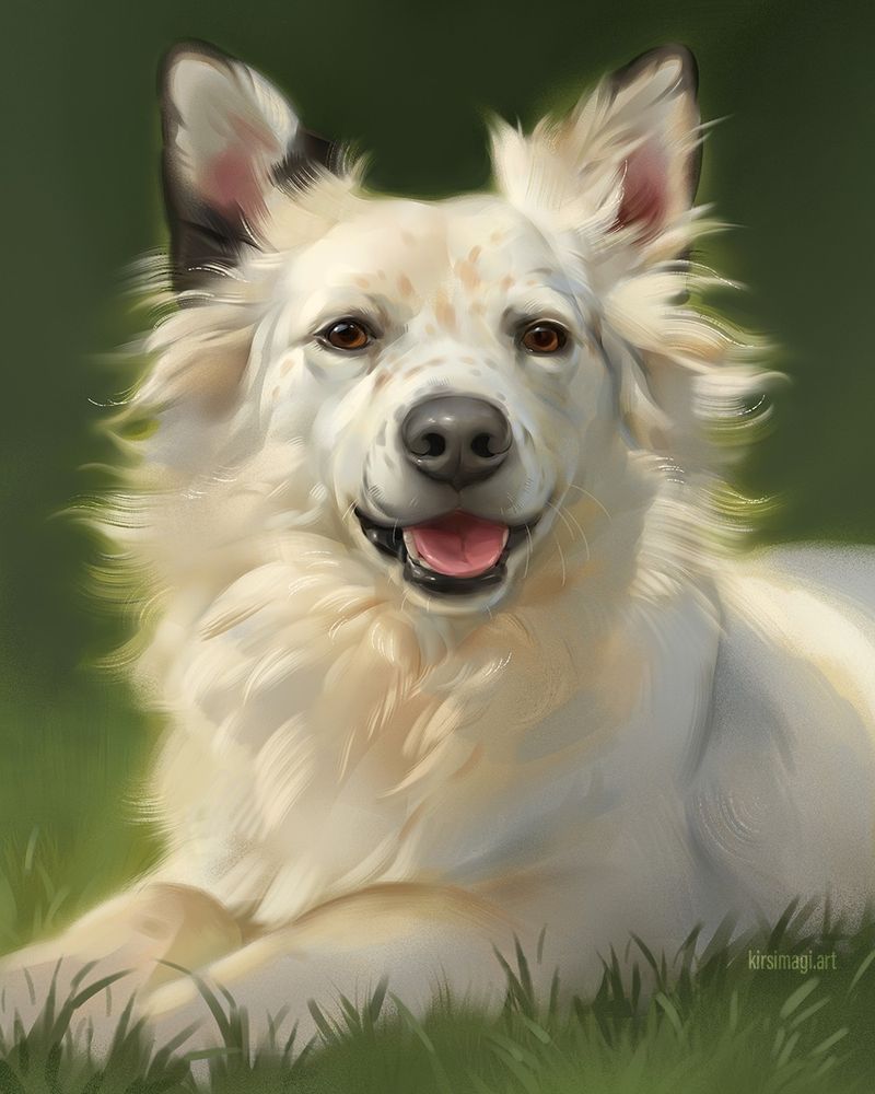 pet portrait of a fluffy dog sitting on grass, digital painting