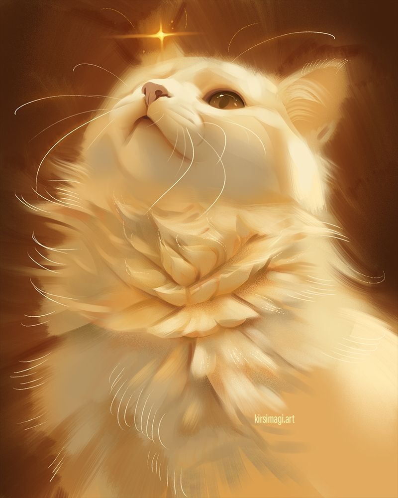 digital sketch of a fluffy white cat looking up at a glowing sparkle