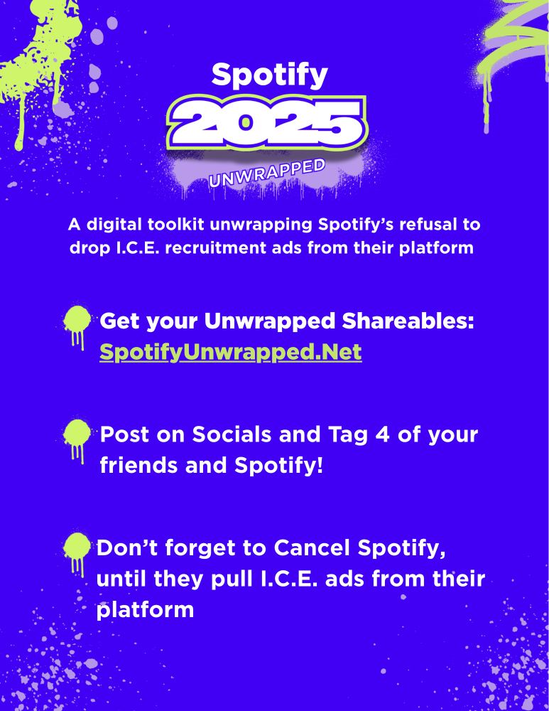 Spotify Unwrapped instructions

Get your unwrapped shareables at link in text. 

Post on socials and tag 4 of your friends and Spotify 

Don't forget to cancel Spotify 