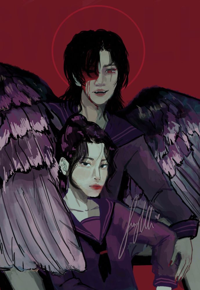 fem! hua cheng with large crow wings wrapped around fem! mu qing. both in dark purple school uniforms against a blood-red background